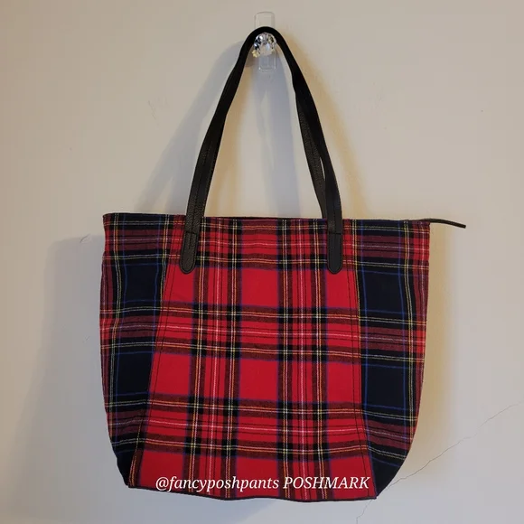 ❤J JILL real LEATHER trim 100% cotton plaid NWOTzipper, interior pocket tote bag - Picture 11 of 16